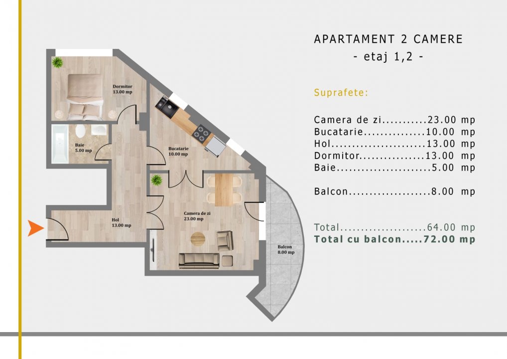 Apartament 2 camere , decomandat , bloc nou 