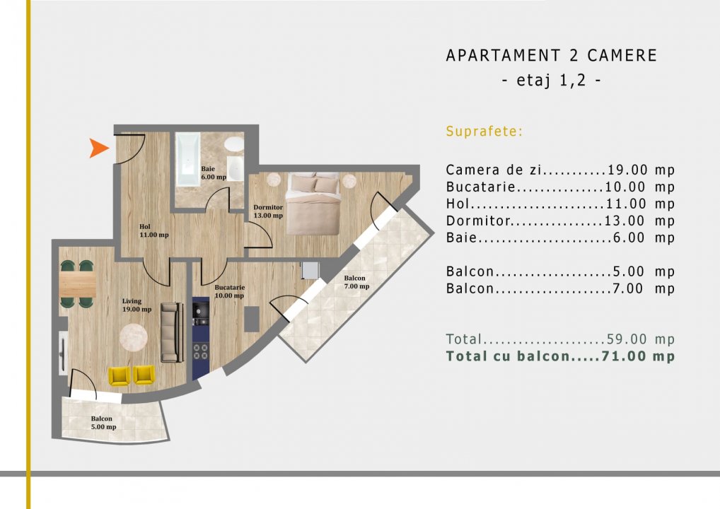 Apartament 2 camere , decomandat , bloc nou 