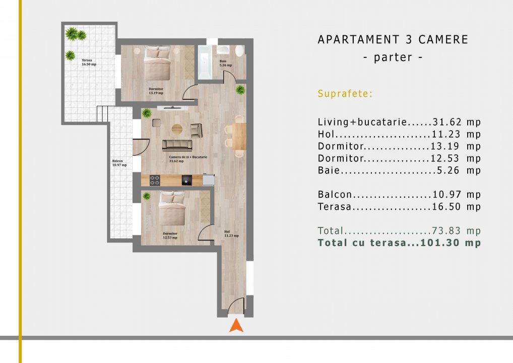 Apartament 3 camere+terasa in bloc nou Comision Zero