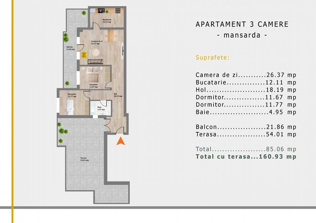 Apartament 3 camere+terasa in bloc nou Comision Zero