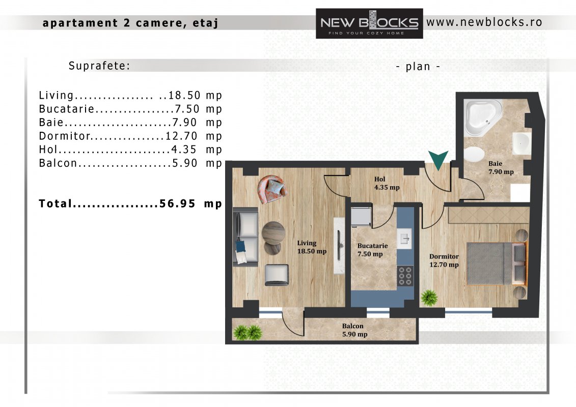 Apartament 2 camere decomandat - bloc finalizat - predare decembrie
