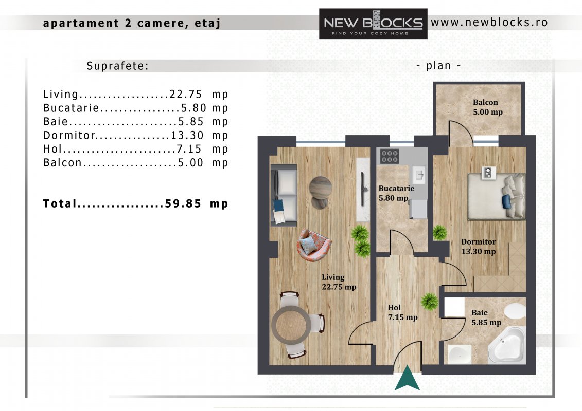 Apartament 2 camere decomandat - bloc finalizat - predare decembrie