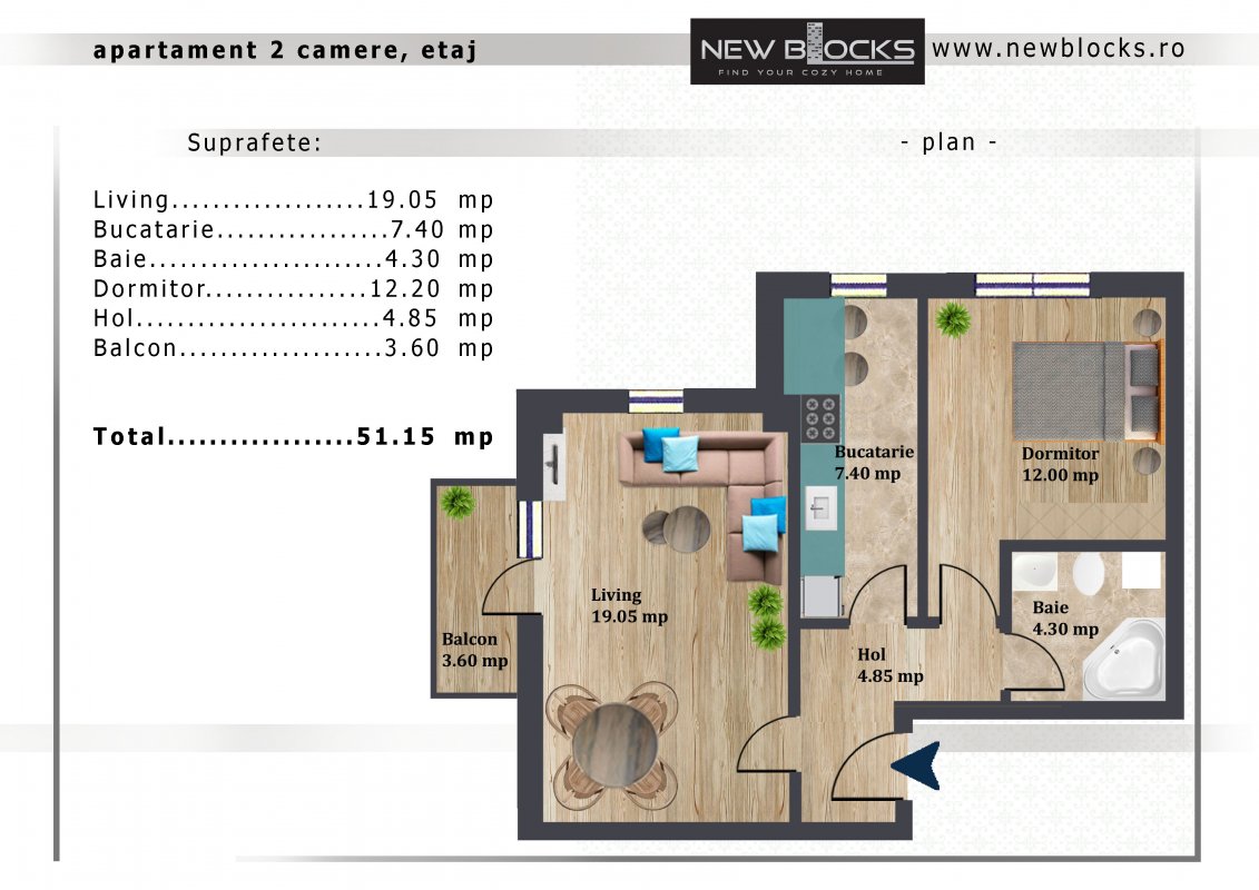 Apartament 2 camere decomandat - bloc finalizat - predare decembrie