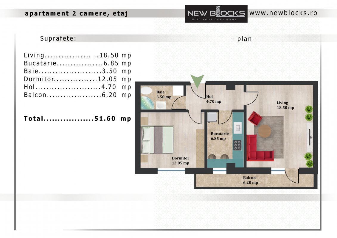 Apartament 2 camere decomandat - bloc finalizat - predare decembrie