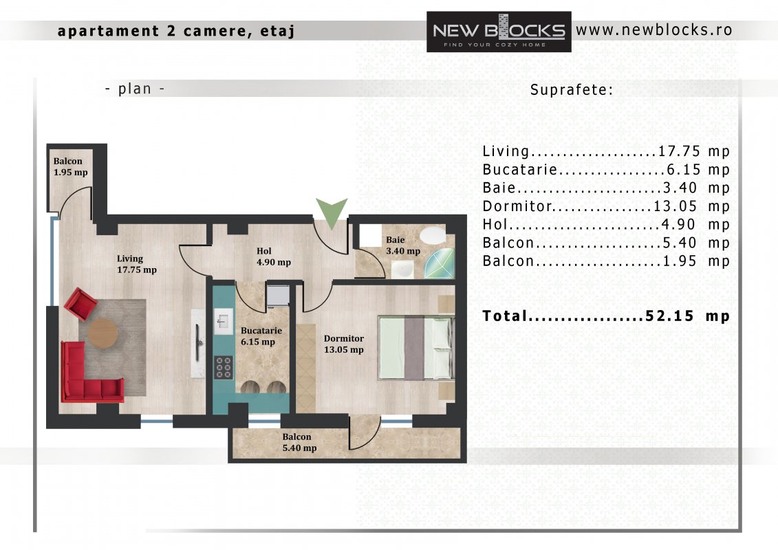 Apartament 2 camere decomandat - bloc finalizat - predare decembrie